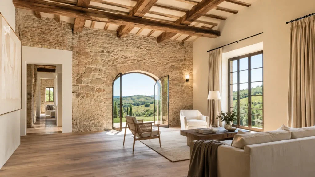 Restauro casali toscani con pareti in pietra e travi a vista