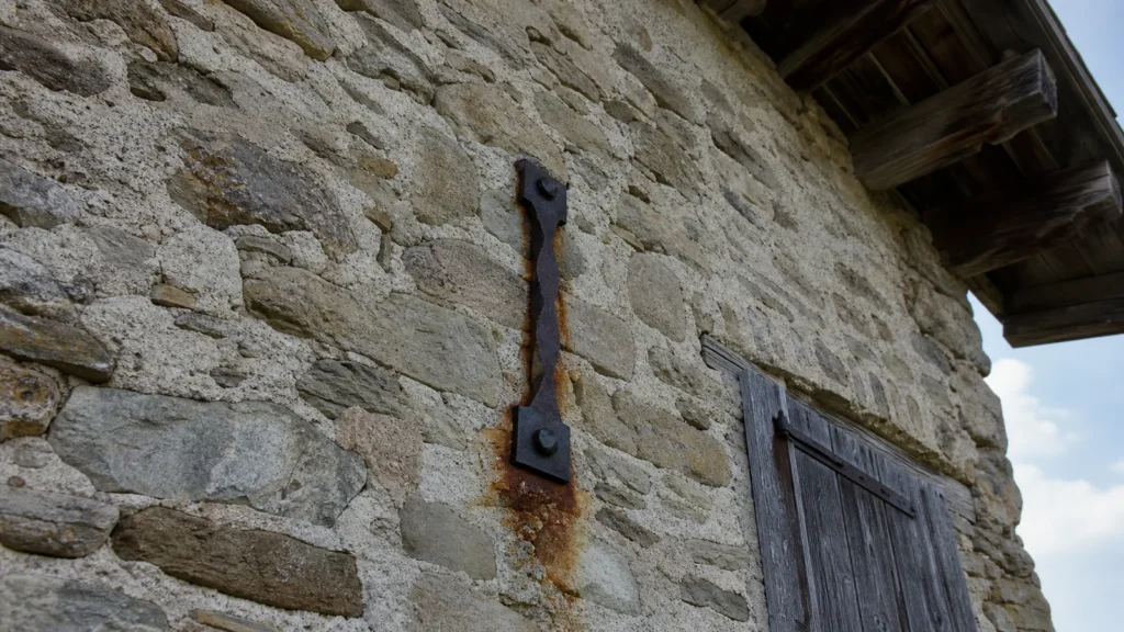 Capochiave in ferro battuto di un tirante sulla facciata in pietra di un edificio rurale
