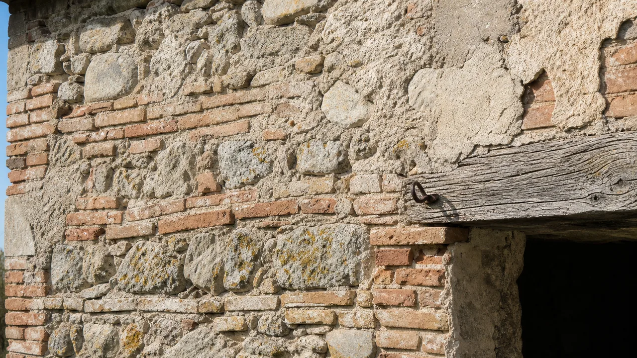 Dettaglio di muratura mista in pietra e laterizio con architrave in legno — ristrutturare rustico
