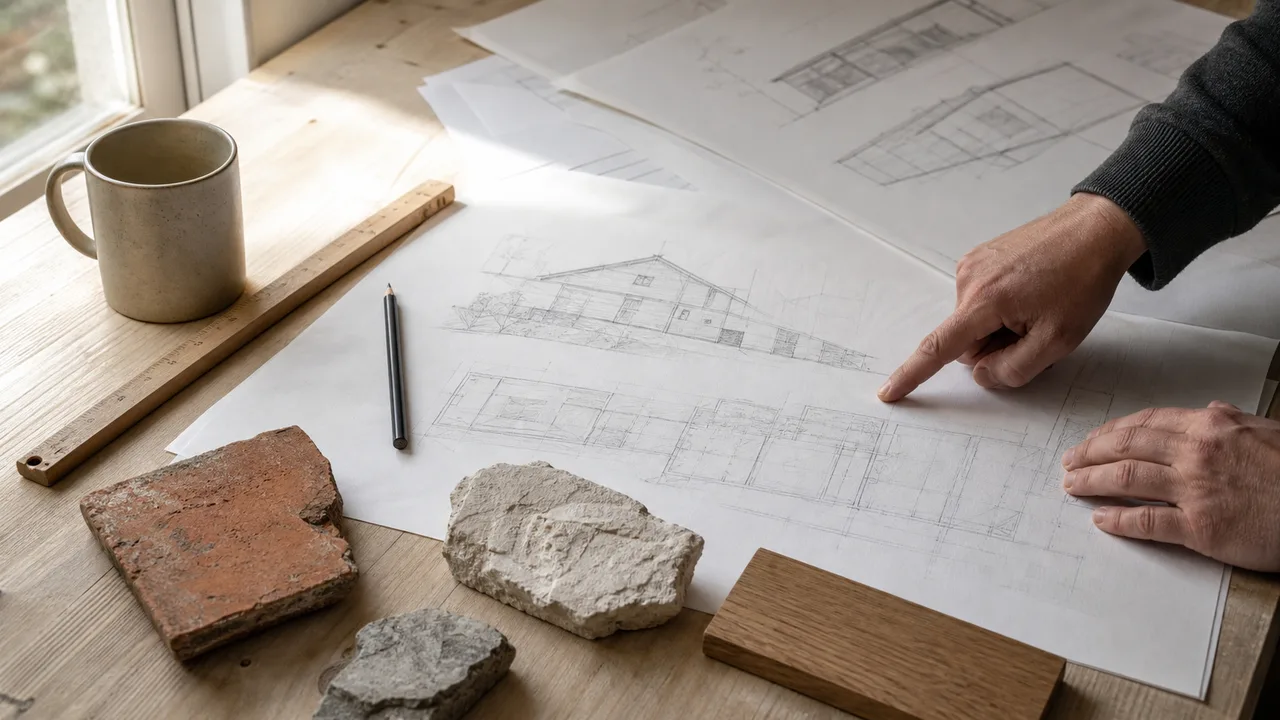 Disegni tecnici e campioni di materiali per il progetto di un casale — ristrutturazione casale costi