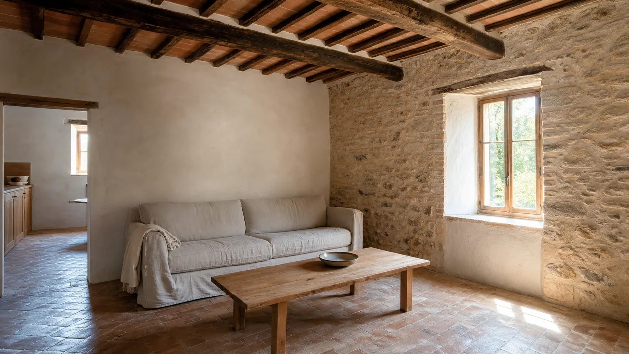Interno di casale recuperato con travi in legno a vista