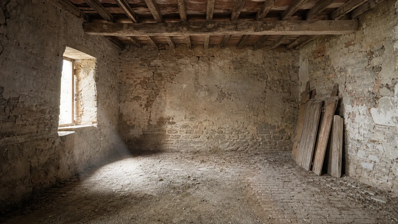 Interno di un edificio rurale prima della ristrutturazione, con pareti in pietra e solaio in