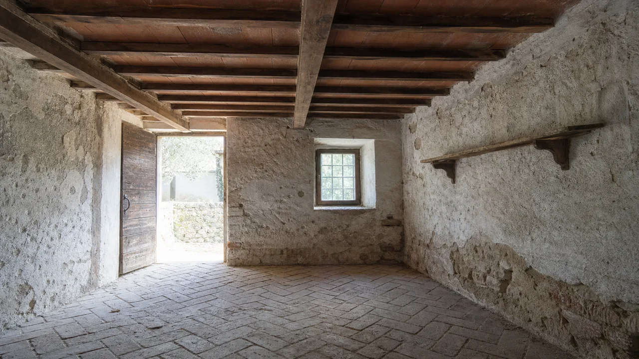 Interno di un rustico con altezza ridotta e solaio in travi di legno
