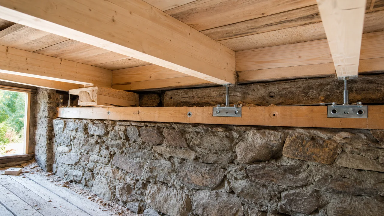 Nuovo solaio in legno collegato alla muratura in pietra con piastre e barre in acciaio