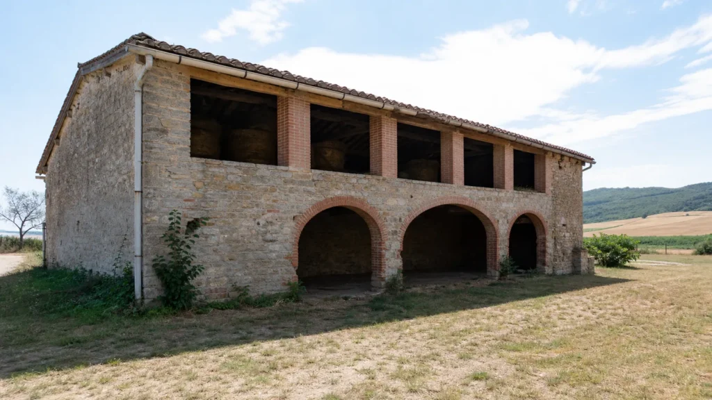 Fienile agricolo in pietra e laterizio con campate aperte e loggiato superiore