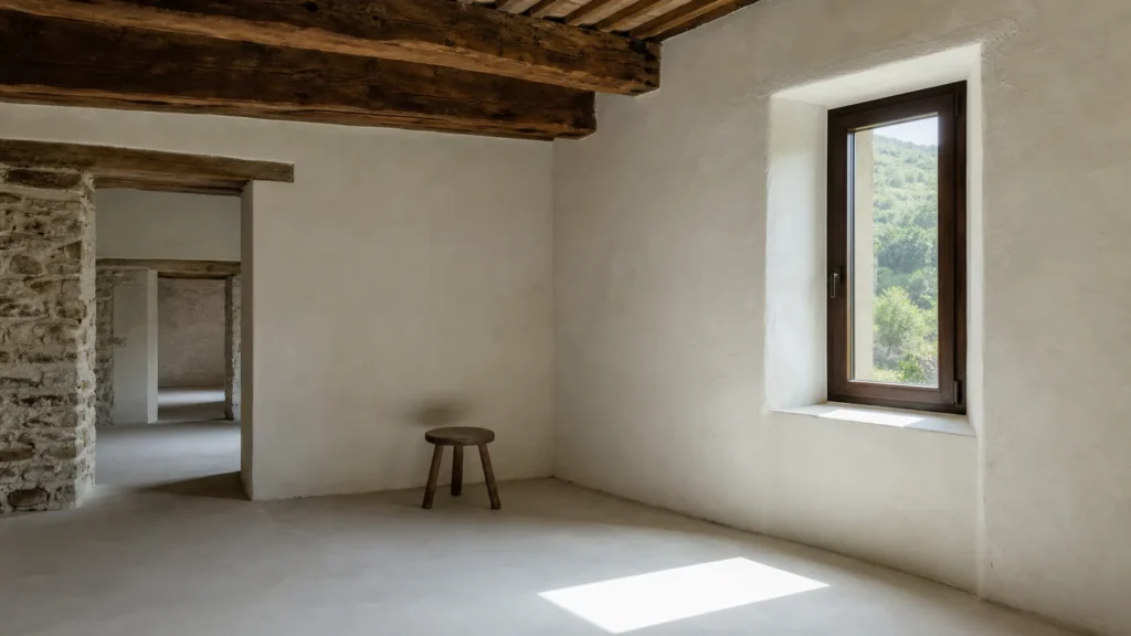Vano finestra profondo di un casale con infisso nuovo in legno e intonaco a calce