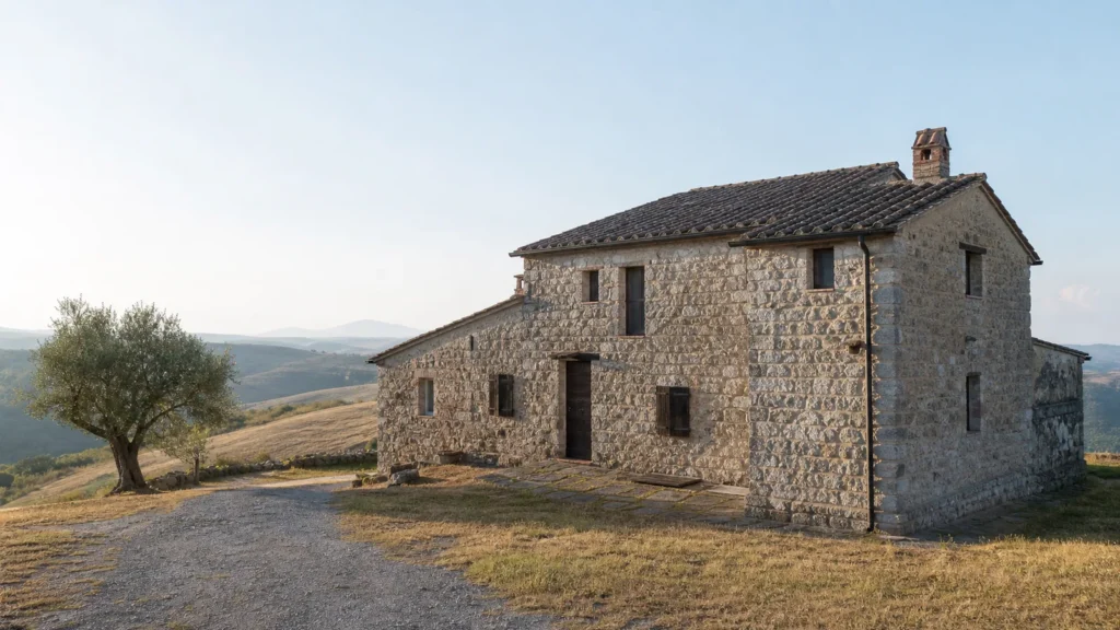 Casale in pietra nella campagna toscana alla luce del mattino
