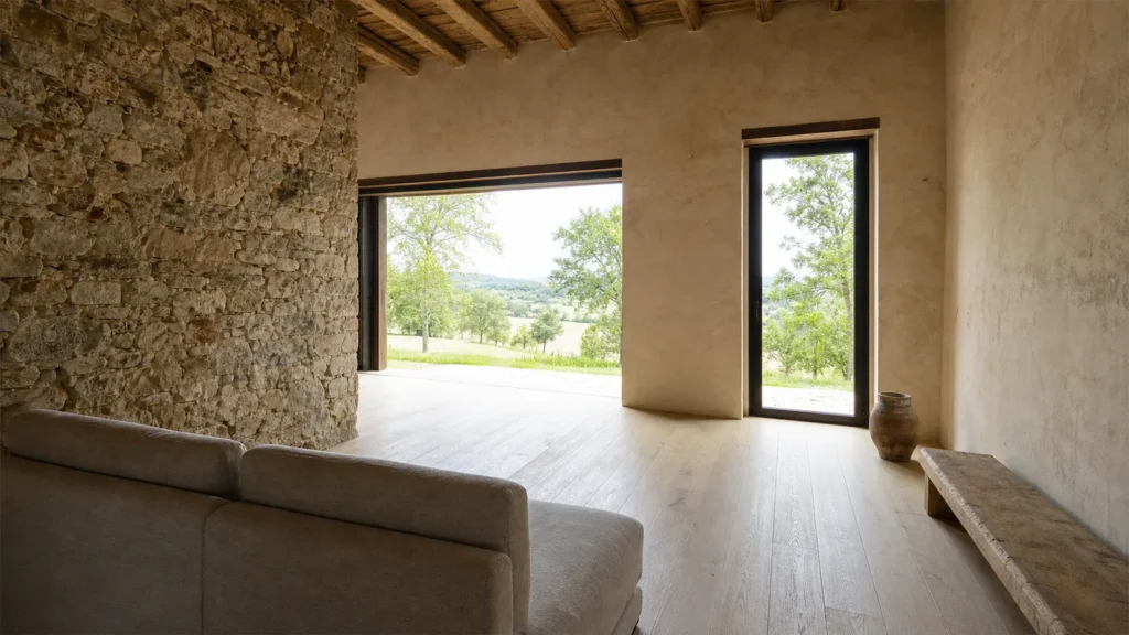 Casale in pietra ristrutturato con ampia apertura vetrata verso la campagna