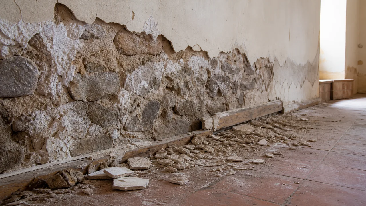 Umidità di risalita alla base di un muro in pietra con intonaco sfarinato ed efflorescenze