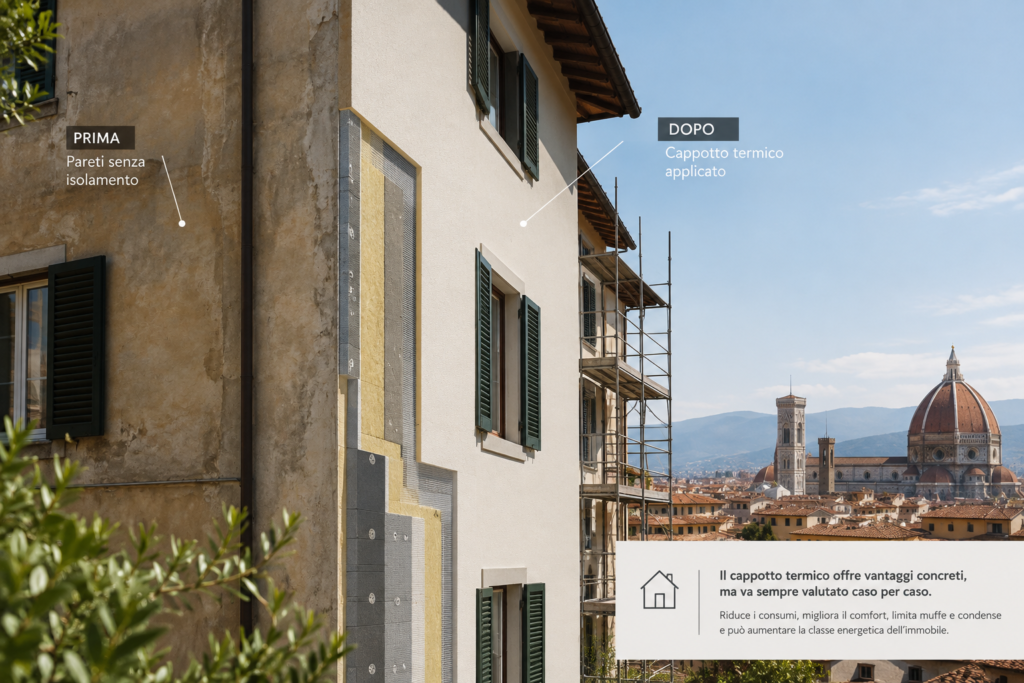 Facciata prima e dopo il cappotto termico, con strati isolanti a vista e Firenze sullo sfondo